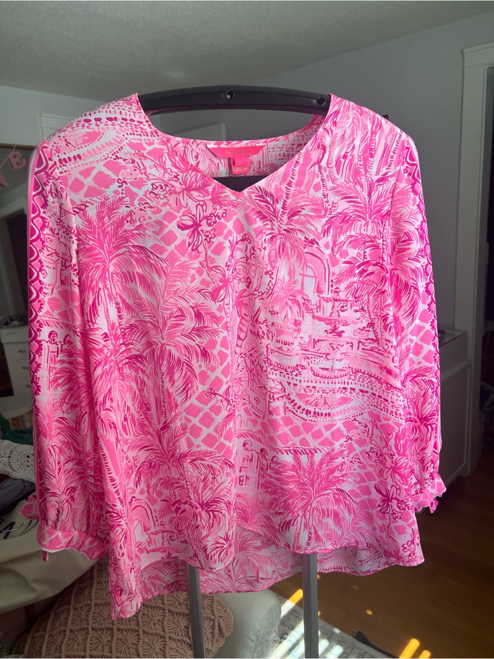Lilly Pulitzer Hot Pink Tropical-Print V-Neck Blouse
